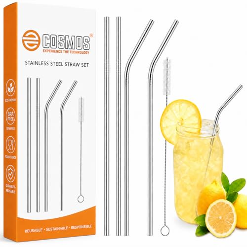 Image of E-COSMOS Reusable Stainless Steel Straws for Drinking with Brushes 8.5 Inches BPA-Free Metal, Thick, Long (2 Bent + 2 Straight +1 Brush)