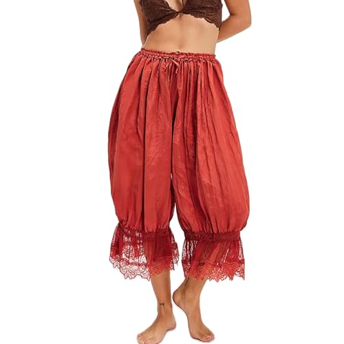Image of KOSUSANILL Women Long Bloomer Pants Lace Trim Ruffle Pantaloons Cropped Lounge Pajama Bottoms Y2K Capri Pettipants