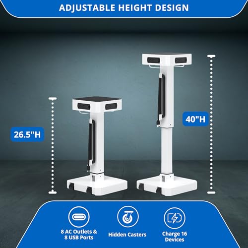 Image of Classroom Basics LuxPower Mobile Charging Tower - 8 AC Outlets & 8 USB Ports, Adjustable Height, Padded, Hidden Casters - Charge 16 Devices, Perfect for Classrooms, Offices, & Conference Rooms