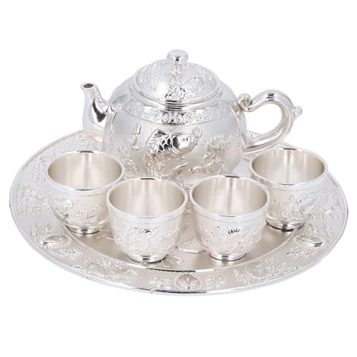 Silver Teapot and Cup Set, Zinc Alloy Tea Pot with 4 Teacups and Tray, Vintage Coffee Pot Tea Service Set for Home Tea Table Wedding Decor Silver Teapot and Cup Set, Zinc Alloy Tea Pot with 4 Teacups and Tray, Vintage Coffee Pot Tea Service Set for Home Tea Table Wedding Decor