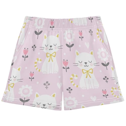 pnyoin Girl's Shorts Cute Pink Cat Athletic Running Shorts with Pockets Size 14-15t