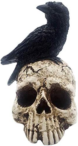 ThriBartLive Raven On Skull Halloween Home Decor - Gothic Crow On Skull Statue, Bird Perching On Skeleton Figurine, Macabre Ossuary Sculpture