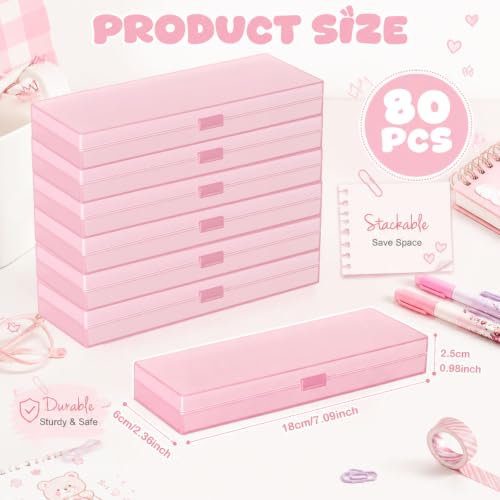 Image of Fainne 80 Pieces Back to School Plastic Pencil Boxes Pencil Case Bulk Frosted Clear Multi Colored Pens Holder Stackable Container with Lid & Snap for Stationery Office Classroom(Pink)