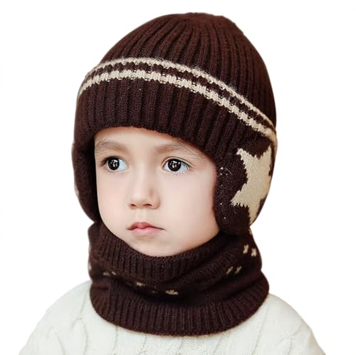 Kids Winter Knitted Beanie Hat Circle Scarf Set Soft Warm Fleece-lined Earflaps Skull Cap for Boys Girls 3-8 Years3