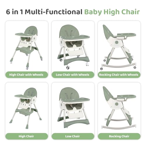Image of 6 in 1 High Chair for Babies and Toddlers Portable Folding Baby Feeding Chair with Wheels and Footrest,Adjustable Height and Backrest Multi-Functional Highchair for Home and Travel