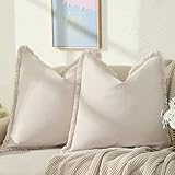 ZWJD Farmhouse Pillow Covers 26x26 Set of 2 Beige Throw Pillow Covers with Fringe Chic Cotton Decorative Pillows Square Cushion Covers for Sofa Couch Bed Living Room Boho Decor