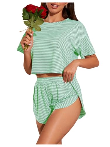 Image of OYOANGLE Womens Pajama Sets 2 Piece Sexy Lounge Sets Summer Cute Pjs Striped Print Tee and Side Split Shorts Set