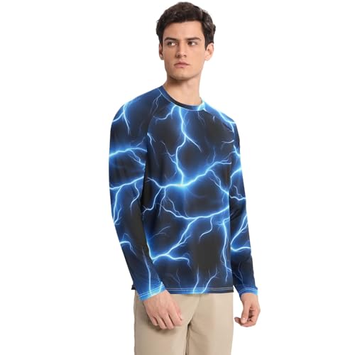 Bolaz Mens UV Protection Shirts Rash Guard Long Sleeve UPF 50+ Blue Lightning Quick Dry S3