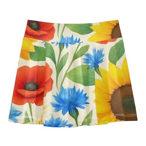 Kids Tennis Skirts Sunflowers Red Poppies Beige Girls Skorts Athletic Shorts Casual Flowy Skirt 4t