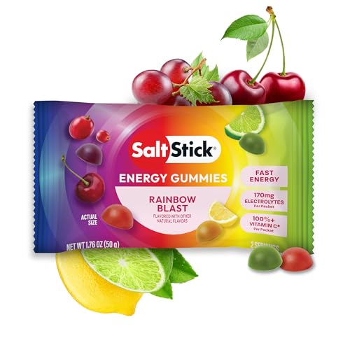 SaltStick Energy Gummies with Electrolytes Rainbow Blast Easy to Chew Electrolyte Gummy Energy Chews that Taste Great Caffeine Free - 10 Packs 80 Gummies