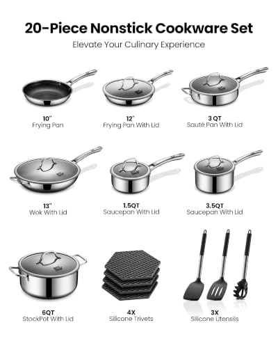 Image of 20-Piece Hybrid Stainless Steel Cookware Set, Non Stick Pots and Pans