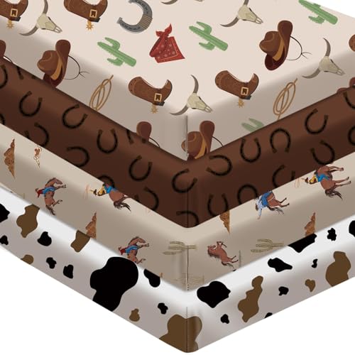 Image of 4 Pack Western Cowboy Crib Sheets Set - Fits Standard 52 inchx28 inchx8 inch Crib & Toddler Mattress, Soft Breathable Polyester Baby Nursery Bedding, Cowboy Cow Print Fitted Sheets for Boys