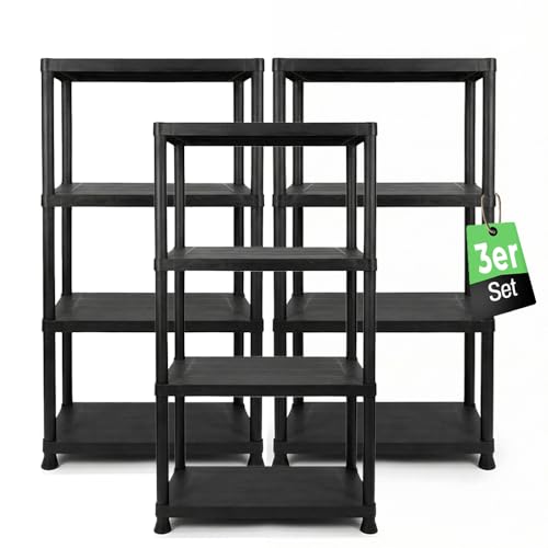 Ondis24 Steckregal 60 x 30 x 131 (H) cm, 4 Böden, Kunststoffregal, Schwerlastregal, bis zu 80 kg, Regal, Lagerregal (3 Stück)