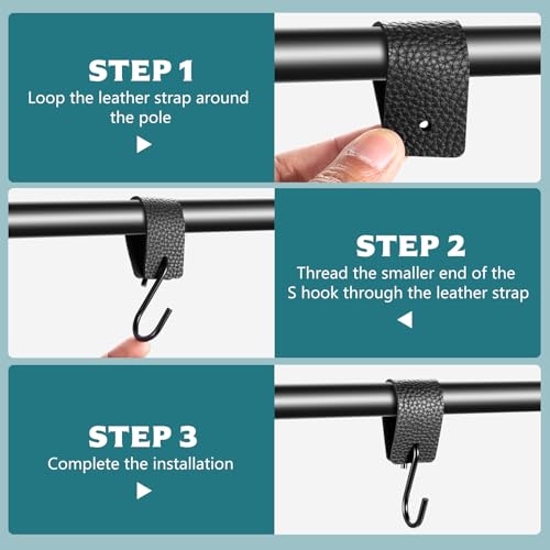 IYEREER 6 Stück S Haken Schwarz mit Lederschlaufe, Kleiderhaken für Kleiderstange, S Garderobenhaken Schwarz, Leder Metallhaken zum Einhängen Küche Badezimmer Stange Fleischerhaken