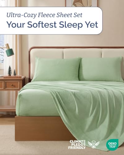 Image of Fleece Sheets Queen Size Set - 4-Piece Flannel Sheet Set - Sage Green
