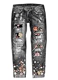 EVALESS Ripped Jeans for Women Embroidered Plaid Patch Vintage Floral Print Stretchy Distressed Boyfriend Losse Mid Rise Distressed Flower Straight Ankle Denim Jeans Pants with Hole Grey X-Large