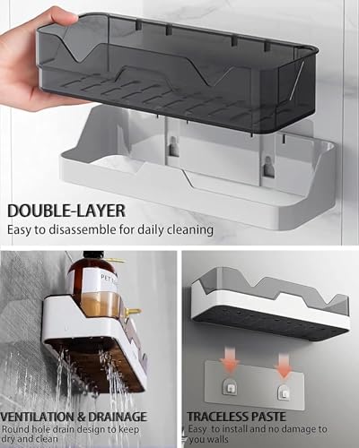 Image of TEKCOOL Wall Mounted Bathroom Shelf Organizer | 2 Tier Plastic Bathroom Rack | No Drill Adhesive Bathroom Accessories for Shampoo, Soap & Toiletries;
