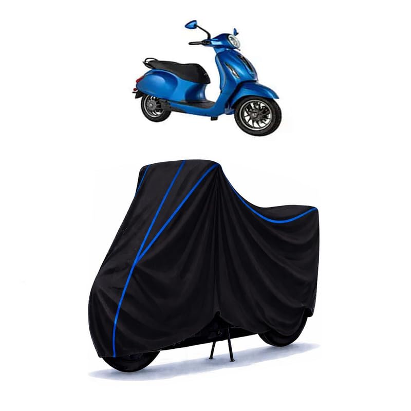 Image of Scooty Cover Water Resistant for Chetak | Universal Scooter & Bike Cover | Heavy Duty UV Protection | Dust, Rain & Scratch Protection | Elastic Fit All Weather Indoor Outdoor | Black with Blue Piping