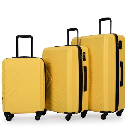 ABS Lightweight 3 Piece Luggage Set with Wheels and Lock - Yellow (20/24/28) - Durable Hard-Shell Suitcases for Travel