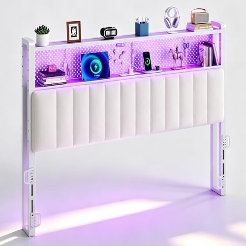 Image of VINGLI Queen Size Headboard for Bed,Upholstered Headboards with Storage, Charging Stations and LED Lights, 2 Tier Shelves and Pegboard, Modern Bed Head Board, Adjustable Height, White
