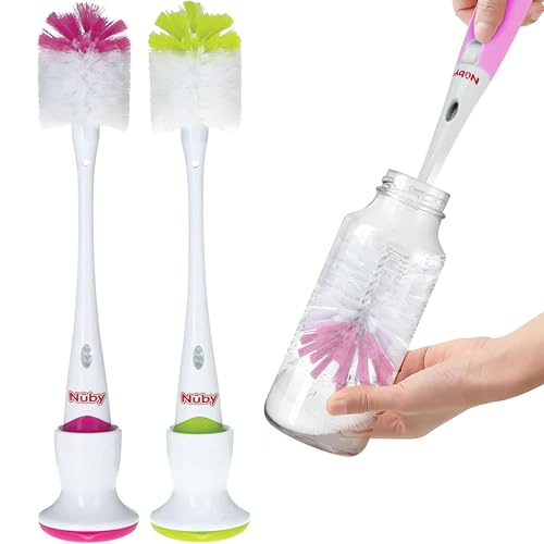 Image of Nuby Bottle and Nipple Brush with Soft Bristles and Stand| 2 Pack: Pink & Lime Green| Bottle & Nipple Accessory Cleaning Brush with Drying Stand
