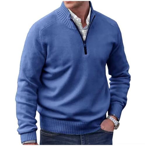 Men's Stand Collar Sweaters 1/4 Zip Up Knitted Jumper Tops Long Sleeve Warm Fall Winter Pullover Sweater Blue