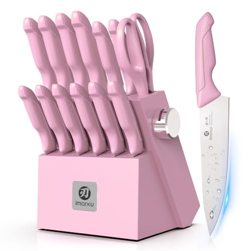 Image of imarku Pink Kitchen Knife Set, 14-Piece Knife Set with Block and Sharpener | Japanese stainless steel |15 edges|non-slip handles| built-in sharpener and dishwasher-safe design