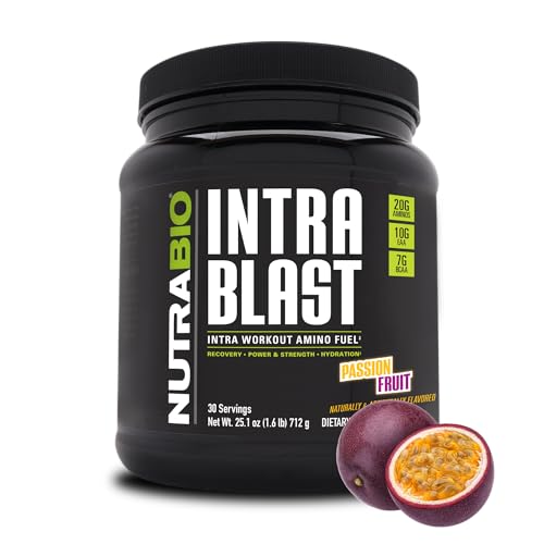 NutraBio Intra Blast Bcaa Powder Amino Acid Supplement, Electrolyte & Hydration Blend, Intra, Pre Workout & Muscle Recovery, 20g Eaa Amino Acids Powder, 5g Glutamine- Passion Fruit, 30 Serving