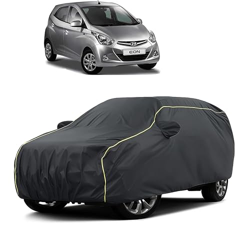 Image of Sulfar 100% Water Resistant Car Body Cover Compatible with Mirror for Hyundai Eon (Triple Stitched, Full Bottom Elastic, Dark Grey Taffeta with Yellow Piping)