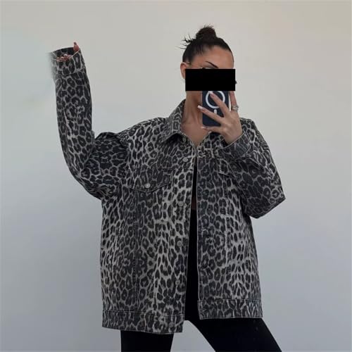 OCUH Denim Jacket for Women Leopard Print Oversized Denim Jacket Basic Button Down Long Sleeves Jean Jacket2