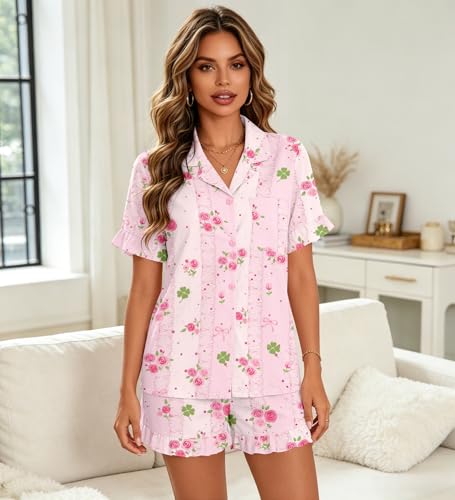 Image of SWOMOG Woman Pajama Set Short Sleeve Pjs Set 2Pcs Short Pajamas Button Down Ruffle Hem Sleepwear Soft Modal Loungewear