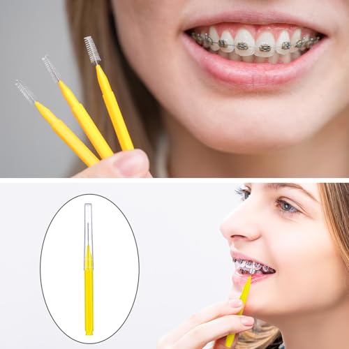 Image of Patelai 100 Pieces Braces Dental Brush for Cleaner Interdental Toothpick Dental Tooth Flossing Head Oral Hygiene Flosser Toothpick Cleaners Tooth Tool(Yellow,Portable Size)