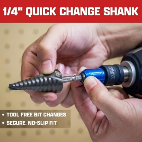 Image of NEIKO 10621B Step Drill Bit, 1 Step 7 /8 inch Spiral M35 Cobalt, AlTiSiN Coated, 1 /4 inch Quick Change Step Bits for Steel, Metal, Wood, Plastic, Unibit Cone Drill Bits, Two Flute
