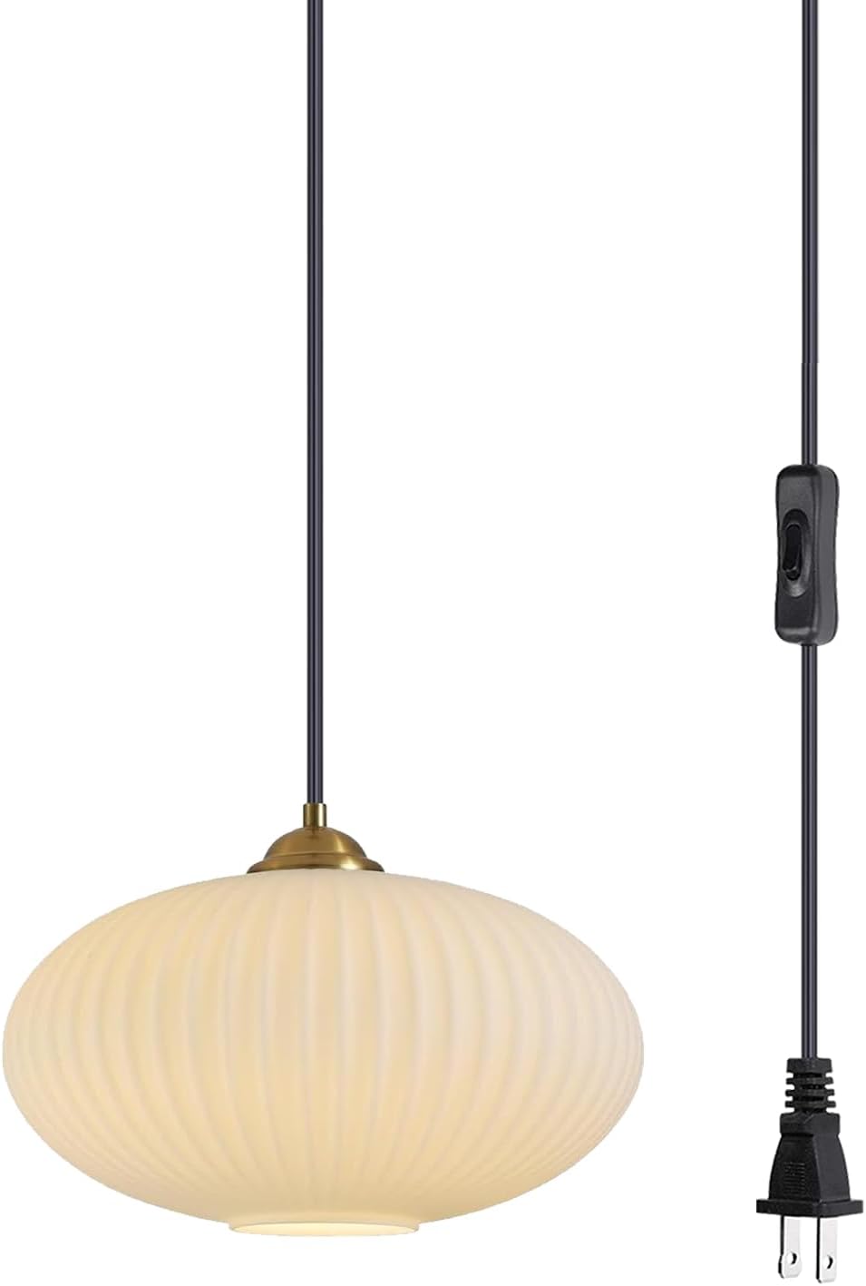 KCO Lighting Mid Century Plug in Hanging Light Modern Milk Glass Pendant Light White and Gold Plug in Chandelier Lighting with Long Cord Vintage Striped Glass Hanging Ceiling Lighting, L1150-A-Plug