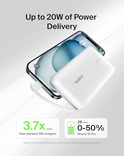 Image of Belkin Portable Charger Power Bank USB C, 10000 mAh w /Integrated Cable, 20W Fast Charge USB-C Power Delivery, iPhone Charger, Apple iPhone 17, Air, Pro, Pro Max, iPad, Samsung Galaxy S25 - White