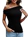 DCCISU Women's Off The Shoulder Tops Ribbed Knit Ruched Asymmetrical Top Going Out Slim Fit Party Shirts Black