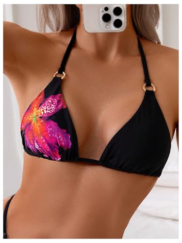 Verdusa Women's Floral Print Halter Bikini Top String Triangle Bra Swimsuit Tops4
