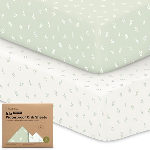 Image of 2-Pack Waterproof Baby Crib Sheets for Boys, Girls - 52x28 Viscose Derived from Bamboo Toddler Bed Sheet Neutral, Fitted Crib Mattress Protector Cover for Baby Bedding, Soft & Gentle (Herb)