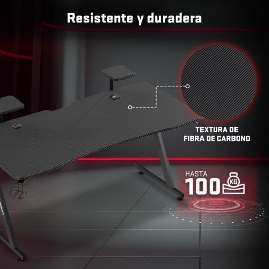 Tempest Sanctuary Mesa Gaming 160x75cm, Superficie Fibra de Carbono, RGB, Cargador Qi, USB Hub, Negra