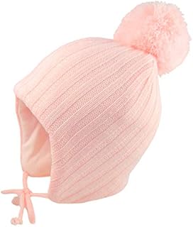Pesci Baby Girls or Boys Pom Pom Hat with Ear Flaps and Chin Ties Beanie Bobble Hats Winter Wooly Knitted Warm Thermal Cap (Pink, 3-6 Months)
