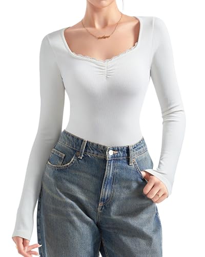 Image of SUUKSESS Women Sweetheart V Neck Long Sleeve Tops Lace Trim Ribbed Modal Fall Going Out Shirts