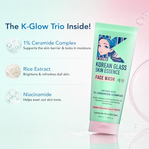 Image of K DERMA Korean Glass Skin Essence Face Wash, 100ml, Ceramide Complex with Rice Water, Dermatologically Tested, Pack of 3