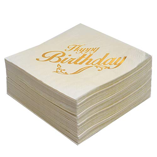 72 Pack Birthday Party Cocktail Napkins - 5x5 Inches - 3 Ply - Ivory Color with Happy Birthday Gold Foil Stamp