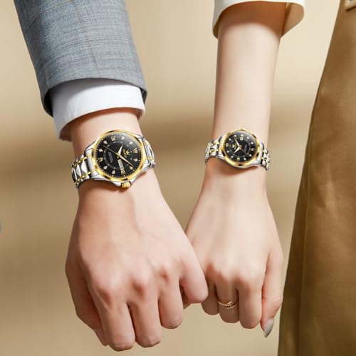 Image of OLEVS Couple Watch Set - His & Her Matching Watches with Luxury Diamond Accents - Romantic Valentine's Day Stainless Steel Original Quartz Men's and Women's Watch Lovers Set