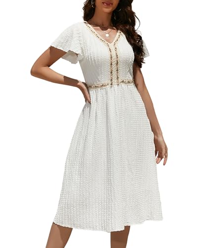 Image of Women's V Neck Short Sleeve Boho Dress Summer Casual Jacquard Pattern Midi Dress Beach Flowy Wedding Guest Dress