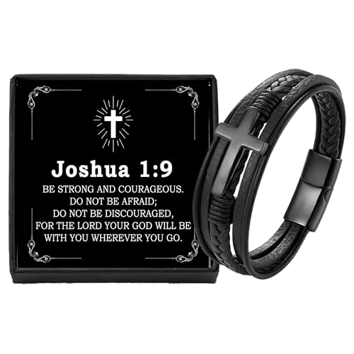 Men's Cross Leather Bracelet with Bible Verse, Layer Black Leather Bracelet for Men, Christian Religious Inspirational Graduation Gift for Him Dad Husband Boyfriend Grandson Son