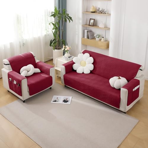 Image of HOKIPO Polyester 3 Seater Quilted Sofa Cover with Pockets, Maroon (NEW-IN-803-MRN)