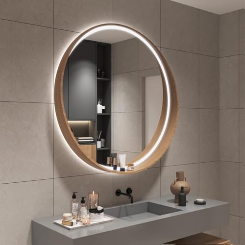 Miroir Éclairé avec Cadre en Bois Et Anti-buée, Miroirs De Salle De Bain Ronds À LED, Miroir Mural avec Étagère, Miroir De Maquillage Éclairé avec...