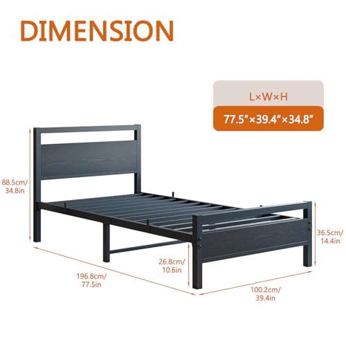 Image of BOFENG Black Twin Bed Frame with Wood Headboard,Metal Single Platform Bed Frame Twin Size No Box Spring Needed,Heavy Duty Metal Slats Support,Noise Free,Single Bed Base,Easy Assembly
