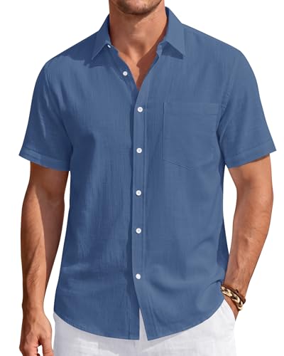 Image of J.VER Mens Linen Shirt Short Sleeve Button Down Casual Summer Shirts | Cotton Linen, Untucked, Big Tall, from Beach Camp Vacation, Cruise Fishing, Work Office, to Wedding Party Family, with Pocket